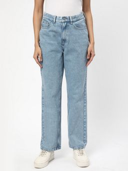 R&B - Women Cotton Solid Straight Blue Leg Mid Waist Jeans