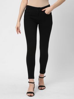 R&B - Women Black Cotton Solid Skinny Leg Mid Waist Jeans