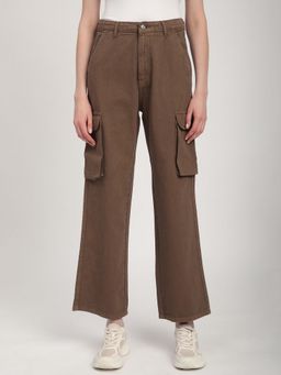 R&B - Women Brown Cotton Solid Wide Leg High Waist Jeans