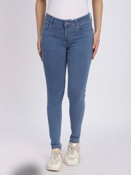 R&B - Women Blue Cotton Blend Solid Skinny Leg Mid Waist Jeans