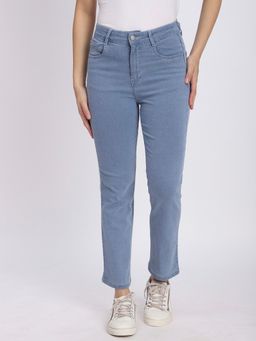 R&B - Women Blue Denim Solid Straight Leg Mid Waist Jeans