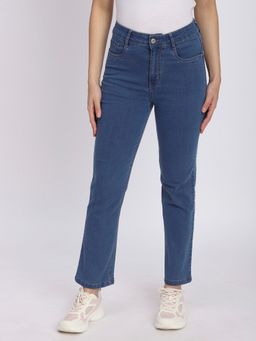 R&B - Women Denim Solid Blue Straight Leg Mid Waist Jeans