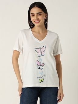 R&B - Cotton V-Neck Graphic Half Sleeves White Top