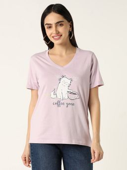 R&B - Cotton V-Neck Graphic Half Sleeves Crop Lavender Top