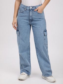 R&B - Women Cotton Blue Solid Wide Leg Mid Waist Jeans
