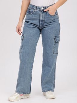 R&B - Women Blue Cotton Solid Wide Leg Mid Waist Jeans