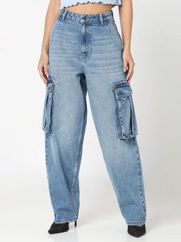 R&B - Women Cotton Solid Blue Wide Leg Mid Waist Jeans