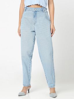 R&B - Women Blue Denim Straight Leg Solid Mid Waist Jeans