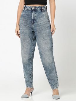 R&B - Women Denim Blue Solid Straight Leg Mid Waist Jeans