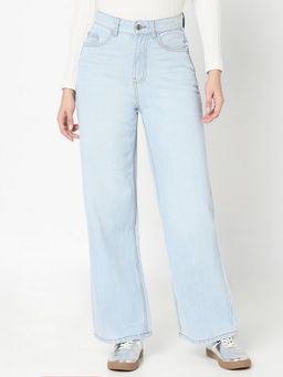 R&B - Women Blue Denim Solid Straight Leg Mid Waist Jeans