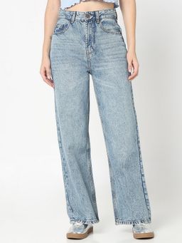 R&B - Women Blue Denim Straight Leg Mid Waist Jeans