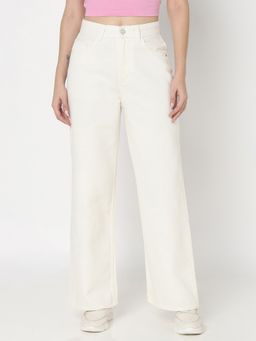 R&B - Women Ivory Cotton Blend Solid Wide Leg Mid Waist Jeans