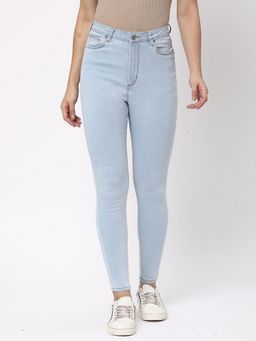 R&B - Women Blue Cotton Solid Skinny Leg Mid Waist Jeans