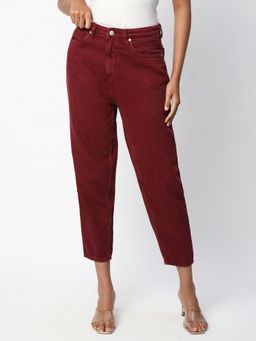 R&B - Women Maroon Cotton Solid Ankle Leg High Waist Jeans