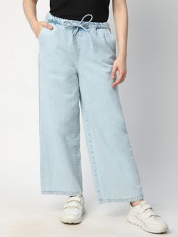 R&B - Women Cotton Blue Wide Leg Mid Waist Jeans
