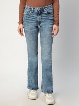 R&B - Women Blue Cotton Solid Boot Cut Leg High Waist Jeans