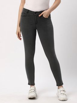 R&B - Women Grey Cotton Solid Skinny Leg High Waist Jeans