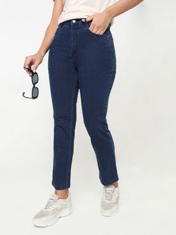 R&B - Women Blue Cotton Blend Solid Straight Leg Mid Waist Jeans