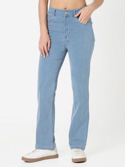 R&B - Women Cotton Blend Solid Straight Leg Blue Mid Waist Jeans