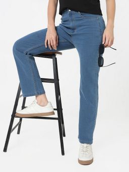 R&B - Women Cotton Blend Blue Solid Straight Leg Mid Waist Jeans