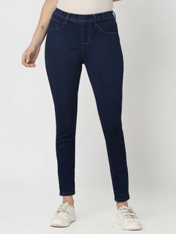R&B - Women Blue Polycotton Solid Skinny Leg Mid Waist Jeans