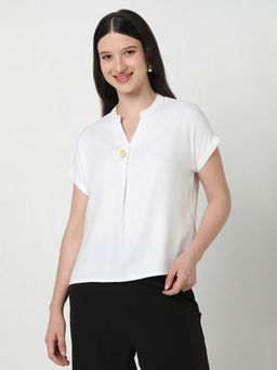 R&B - Viscose Mandarin Neck Solid Half Sleeves White Top