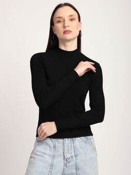 R&B - Cotton High Neck Solid Full Sleeves Black Top