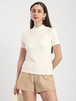 R&B - Cotton High Neck Solid Half Sleeves Ivory Top