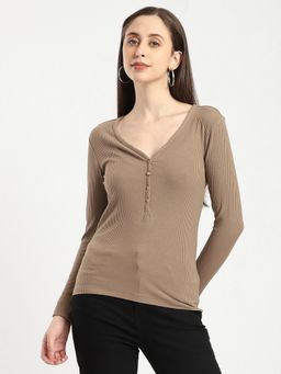 R&B - Cotton Women V-Neck Solid Full Sleeves Brown Top
