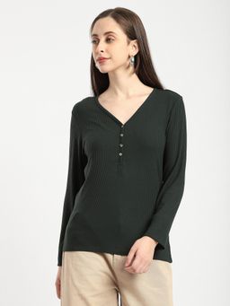 R&B - Cotton V-Neck Solid Full Sleeves Women Green Top
