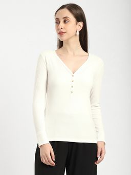 R&B - Cotton V-Neck Solid Full Sleeves Women Ivory Top