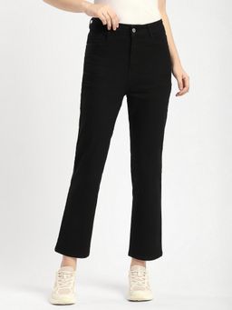 R&B - Women Black Cotton Solid Slim Leg Mid Waist Jeans