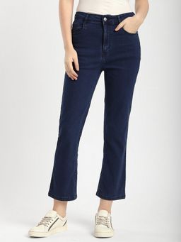 R&B - Women Blue Cotton Solid Slim Leg Mid Waist Jeans