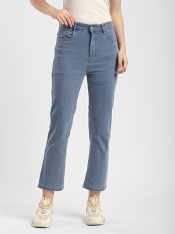 R&B - Women Blue Cotton Solid Slim Leg Mid Waist Jeans