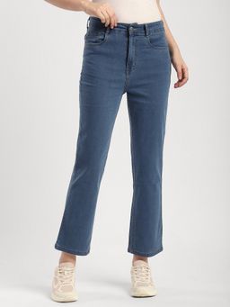 R&B - Women Cotton Solid Slim Leg Blue Mid Waist Jeans