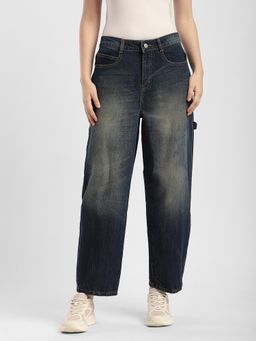 R&B - Women Blue Cotton Solid Wide Leg Mid Waist Jeans