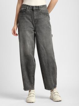 R&B - Women Grey Cotton Solid Wide Leg Mid Waist Jeans