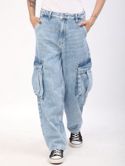 R&B - Women Cotton Blue Solid Wide Leg Mid Waist Jeans