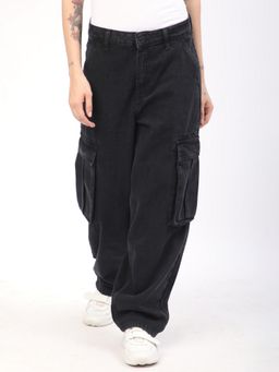 R&B - Women Black Cotton Solid Wide Leg Mid Waist Jeans