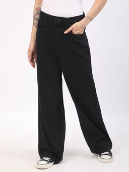 R&B - Women Black Cotton Solid Wide Leg Mid Waist Jeans