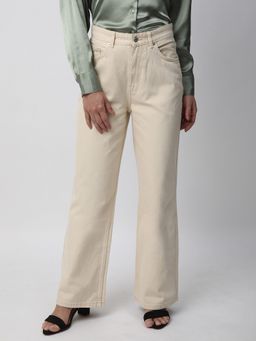 R&B - Women Beige Cotton Solid Wide Leg Mid Waist Jeans