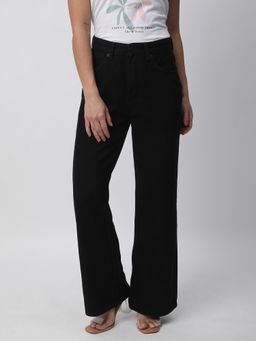 R&B - Women Cotton Black Solid Wide Leg Mid Waist Jeans