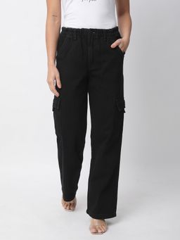 R&B - Women Black Cotton Solid Wide Leg High Waist Jeans
