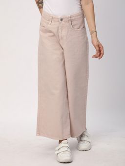 R&B - Women Brown Cotton Solid Wide Leg Mid Waist Jeans