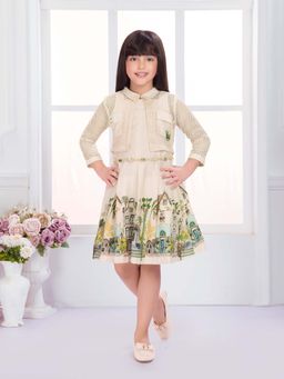 Tiny Kingdom - Cream Three Fourth Sleeves Printed Dress with Belt and Jacket