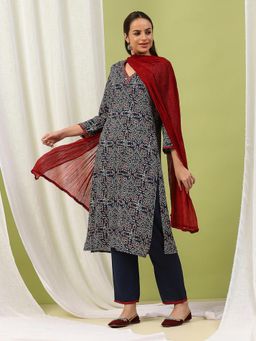 Nayam by lakshita - Women Navy Blue Abstract Kurta with Palazzo and Dupatta (Set of 3)