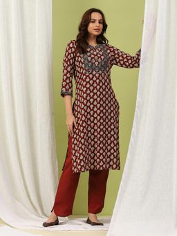 Nayam by lakshita - Women Rust Cotton Blend Printed Kurta with Palazzo (Set of 2)