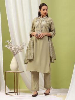 Nayam by lakshita - Women Green Embroidered Kurta with Palazzo and Dupatta (Set of 3)