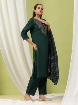 Nayam by lakshita - Women Green Cotton Blend Solid Kurta with Palazzo and Dupatta (Set of 3)