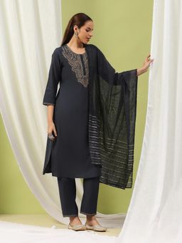 Nayam by lakshita - Women Navy Blue Cotton Blend Solid Kurta with Palazzo and Dupatta (Set of 3)